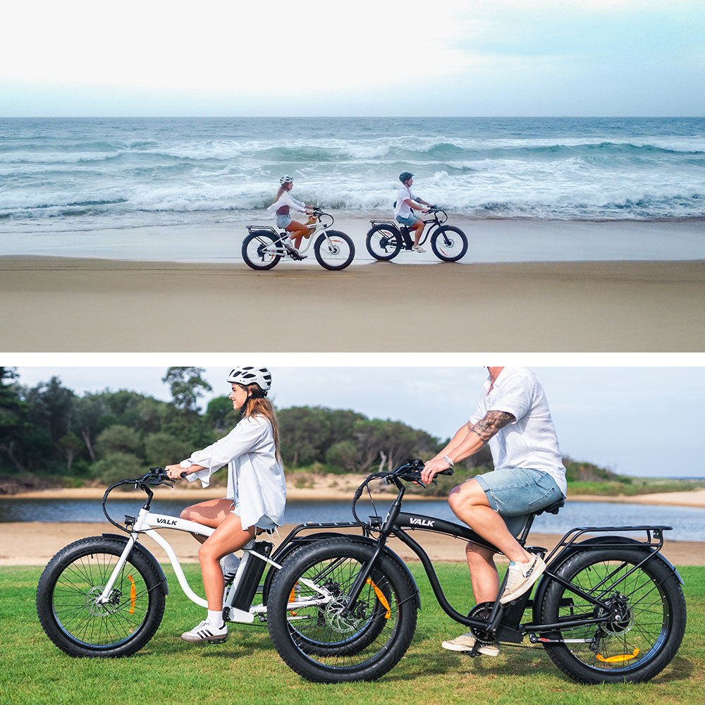 VALK Electric Fat Tyre Cruiser Bike, eBike with Throttle, White