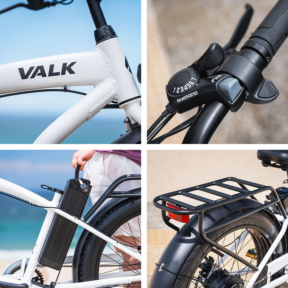 VALK Electric Fat Tyre Cruiser Bike, eBike with Throttle, White