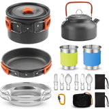 Outdoor Camping Cookware Set for 2-3 Persons Including Folding Pot Kettle with Tableware Portable Backpacking Stove Kit