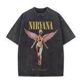 Nirvana rock band men's Retro cotton Washed Tee In Utero album man Women's oversized Y2K distress Tshirt Casual Loose streetwear