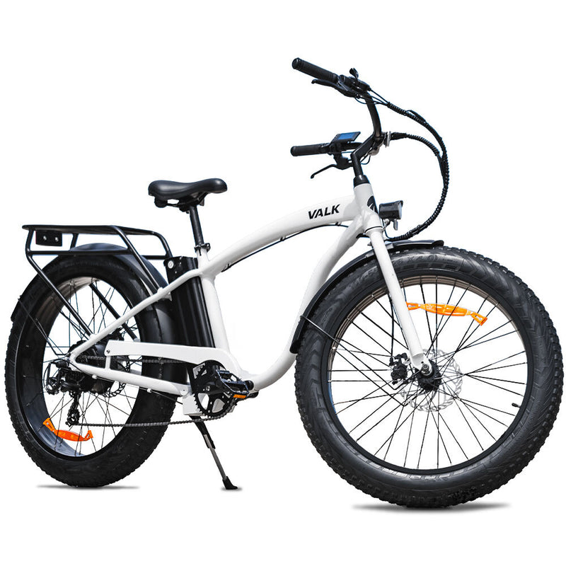 VALK Electric Fat Tyre Cruiser Bike, eBike with Throttle, White