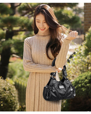 Black Vintage Soft Leather Biker Bag - Shoulder Crossbody Handbag