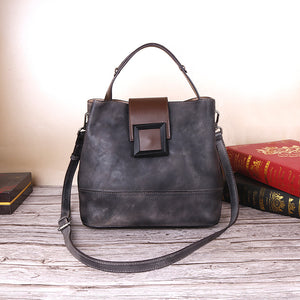 Vintage Grey Leather Handbag - Elegant Multi-Functional Design