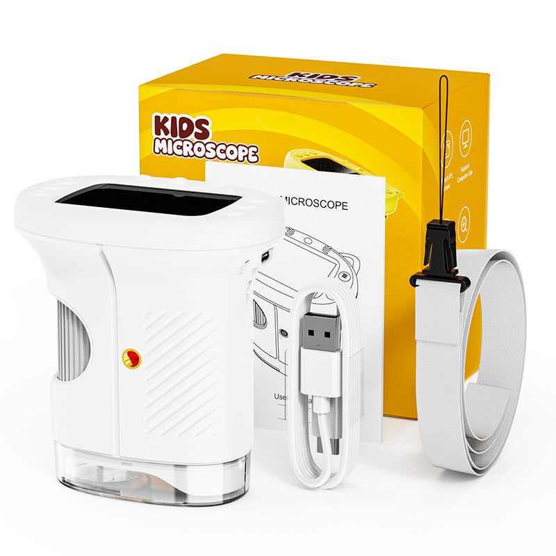 White Kids Handheld Digital Microscope - 2.4-inch HD Portable Magnifier with 1000x Magnification, 2MP Camera, and Built-in Storage & LED